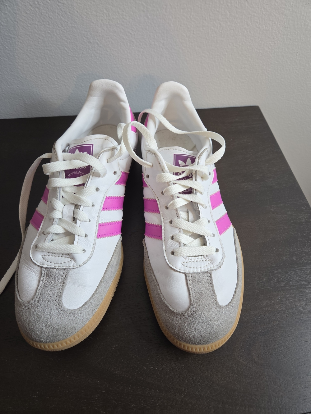 adidas Women's White Sneakers with Pink Stripes and Gum Sole